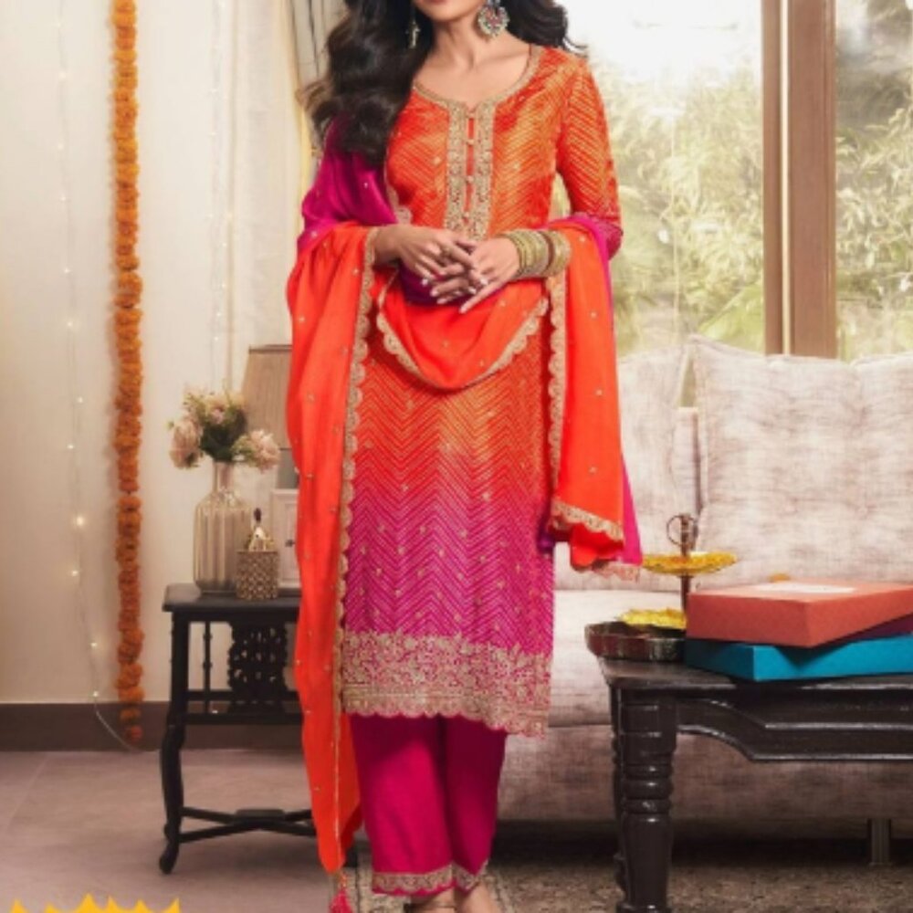Chinon Silk printed, and sequence embroidered Kurti, pant and dupatta.